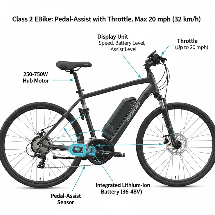 Diagram illustrating the key features of a Class 2 ebike, highlighting the motor, battery, and pedal-assist system.