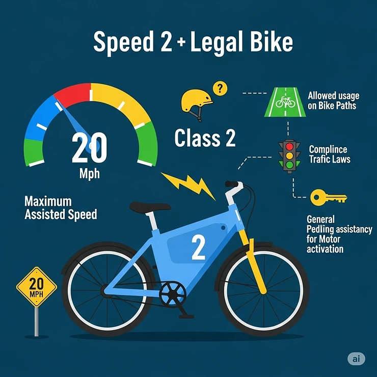 Illustration showing speed limits and legal aspects for a Class 2 electric bike, using visual metaphors or simple graphics instead of text-heavy tables.