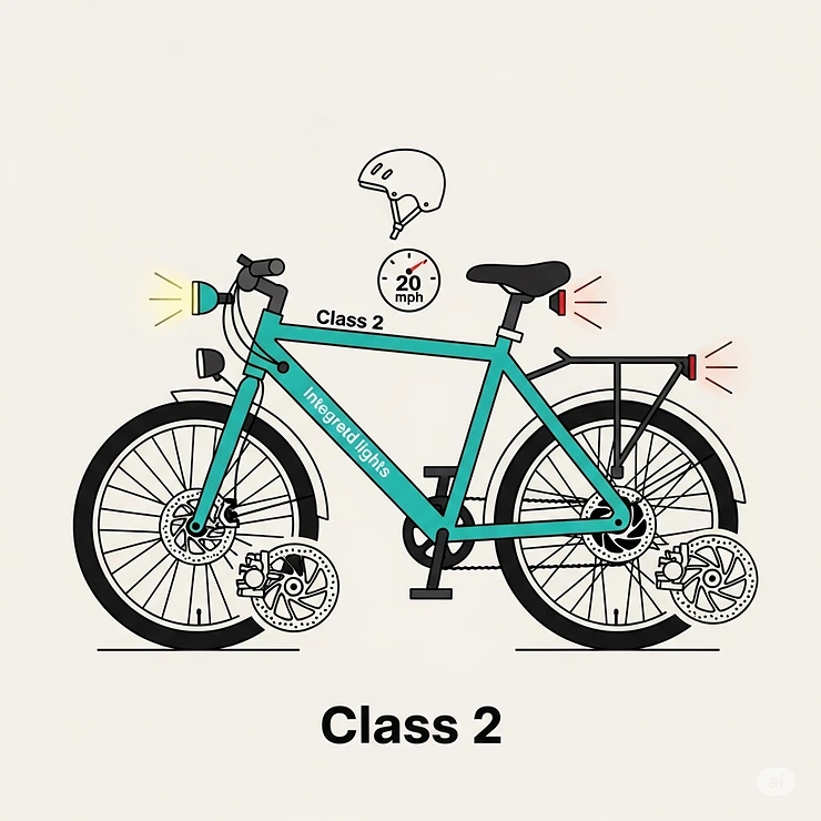 Iconographic representation of safety features on a Class 2 ebike, such as disc brakes and integrated lights.