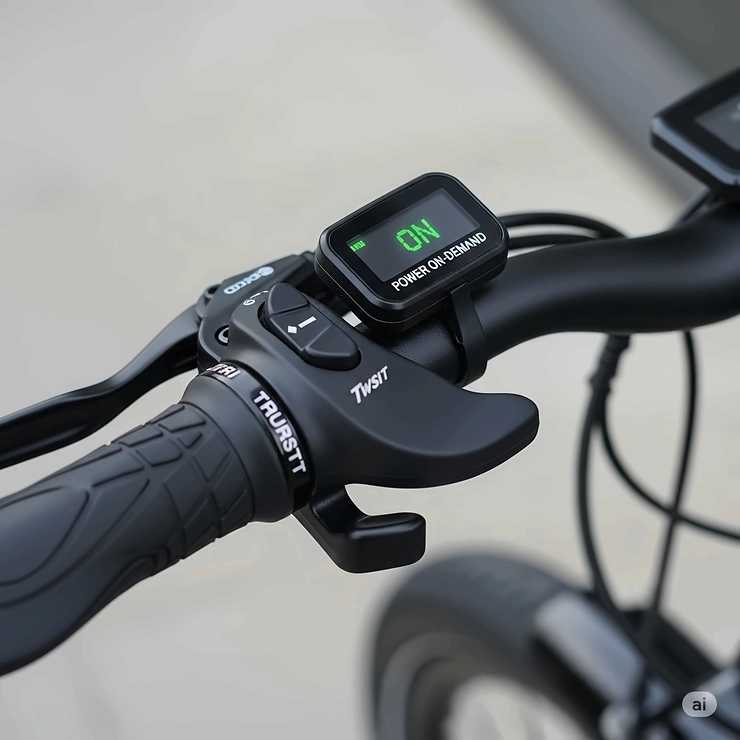 Close-up of a throttle control on the handlebars of a Class 2 ebike, demonstrating its power-on-demand functionality.
