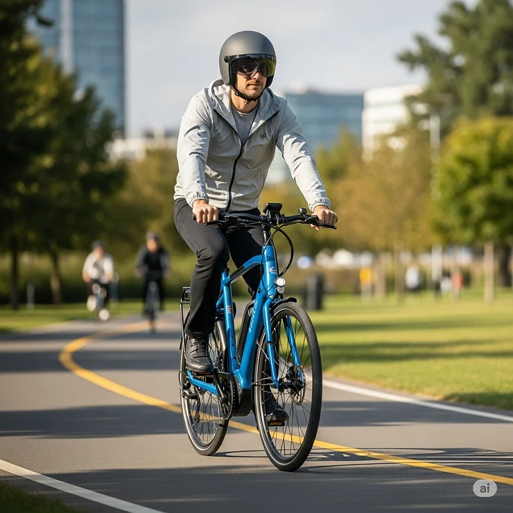 A man in a helmet rides a sleek, blue Class 2 electric bike on a paved path, showcasing its pedal-assist and throttle capabilities for urban commuting.