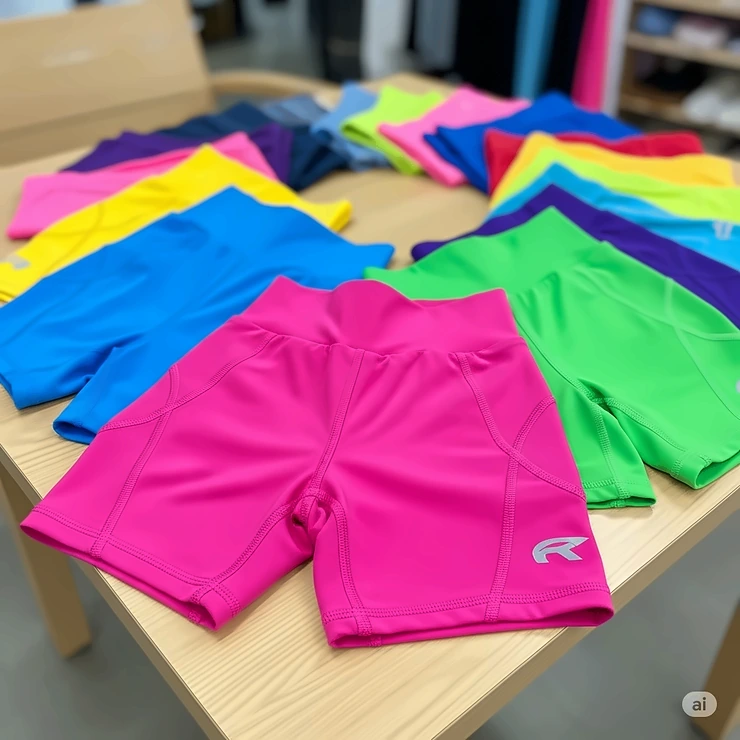 A vibrant collection of women's bike shorts displayed in various colors like pink, blue, and green.