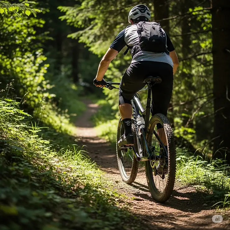 Rider on a trail enjoying a comfortable mountain bike seat designed for long rides and shock absorption.