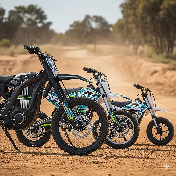 A lineup of three different sized electric dirt bikes, illustrating the size differences and frame types suitable for 13-year-olds compared to younger children.