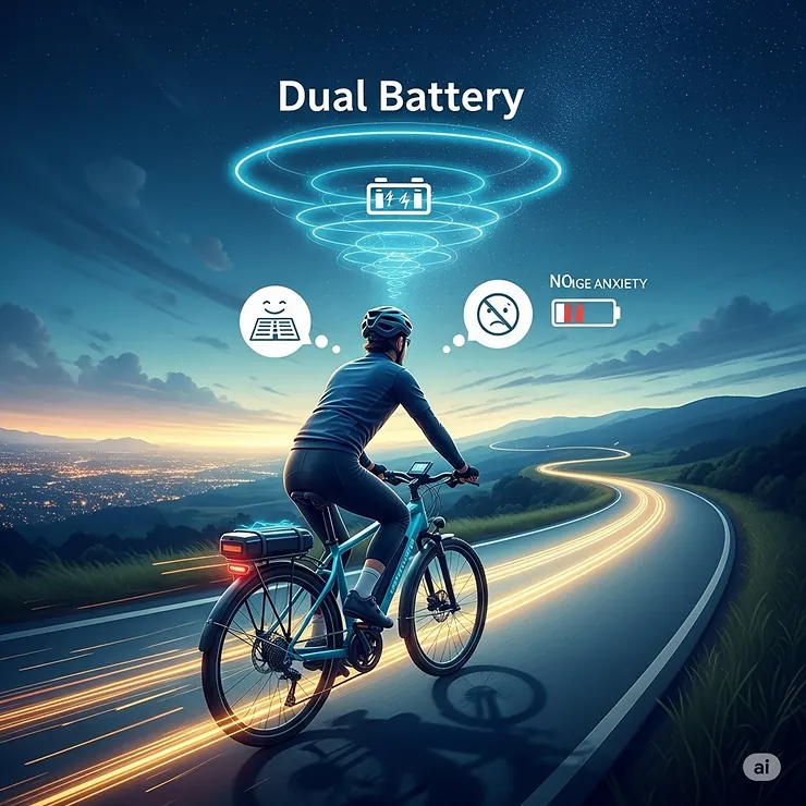 Graphic depicting a rider covering long distances on a dual battery ebike, symbolizing enhanced range and reduced range anxiety.