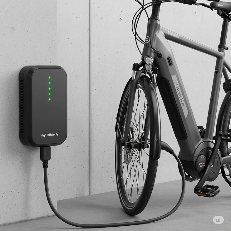 High-efficiency e-bike battery charger plugged into an electric bicycle, showing LED indicator lights for a full charge, essential for reliable e-bike performance. battery charger e bike