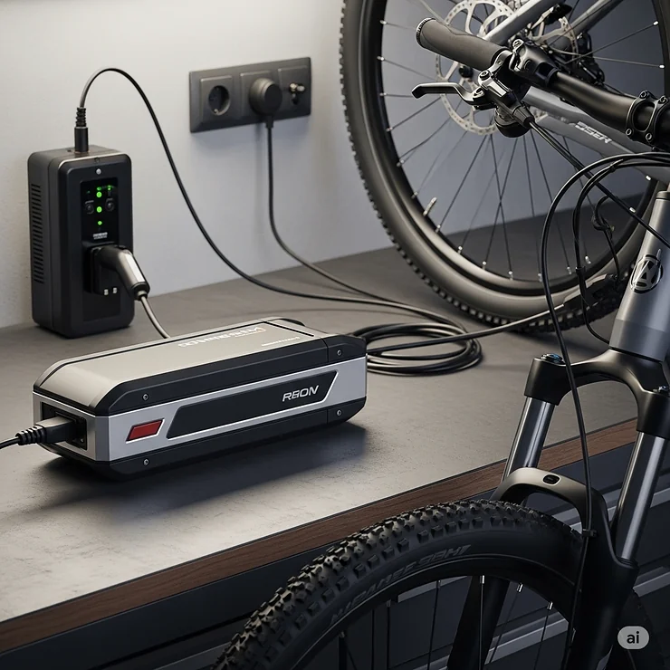 An e-bike battery removed from the bicycle, connected to a dedicated battery charger on a stable surface, highlighting safe charging practices.