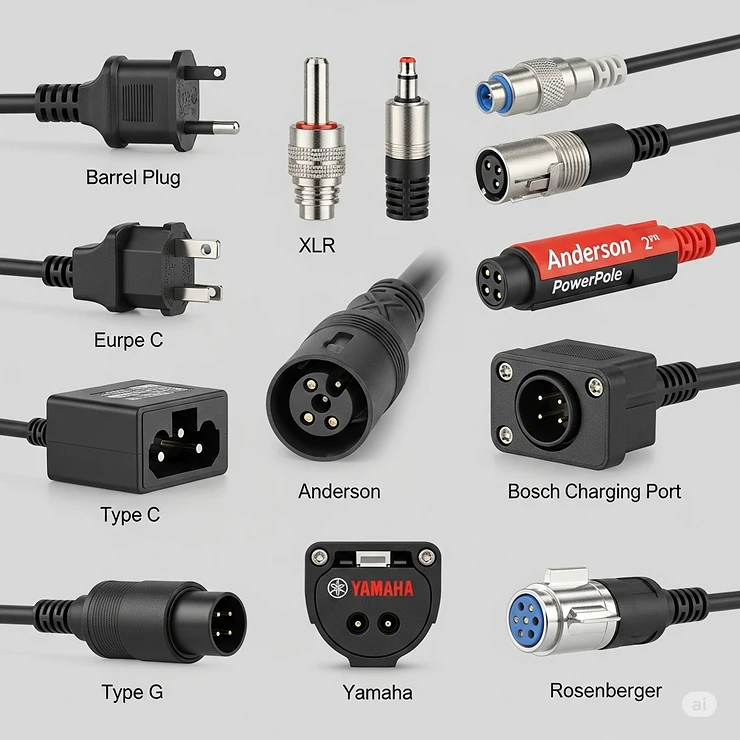 Various e-bike charger plug types and connectors, illustrating compatibility options for different electric bike battery models.