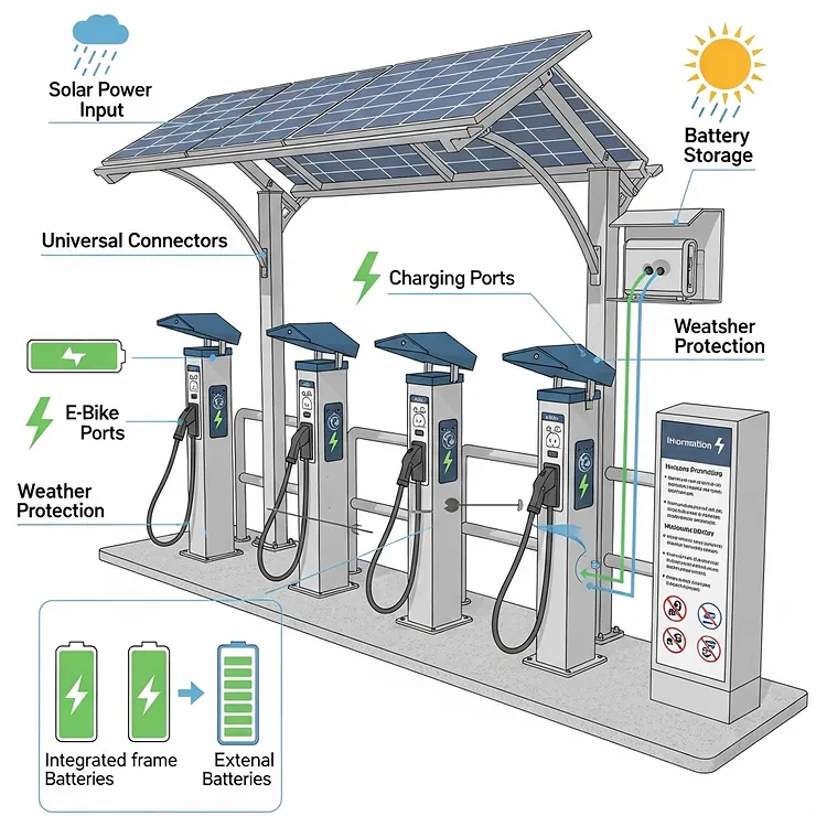 Diagram of a home or public e-bike charging station setup, demonstrating convenient and accessible points for charging electric bike batteries.