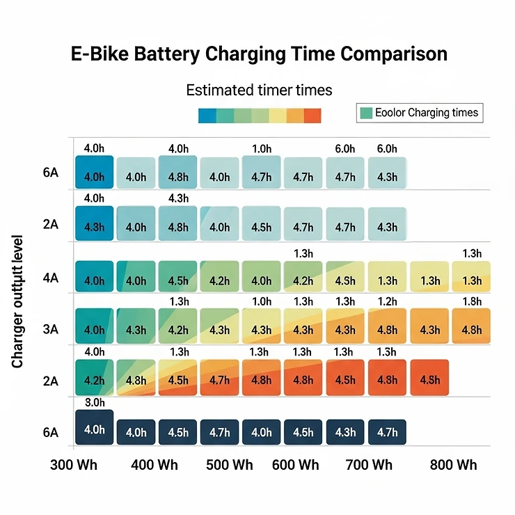 Comparison chart illustrating typical charging times for various e-bike battery capacities using different charger output levels.