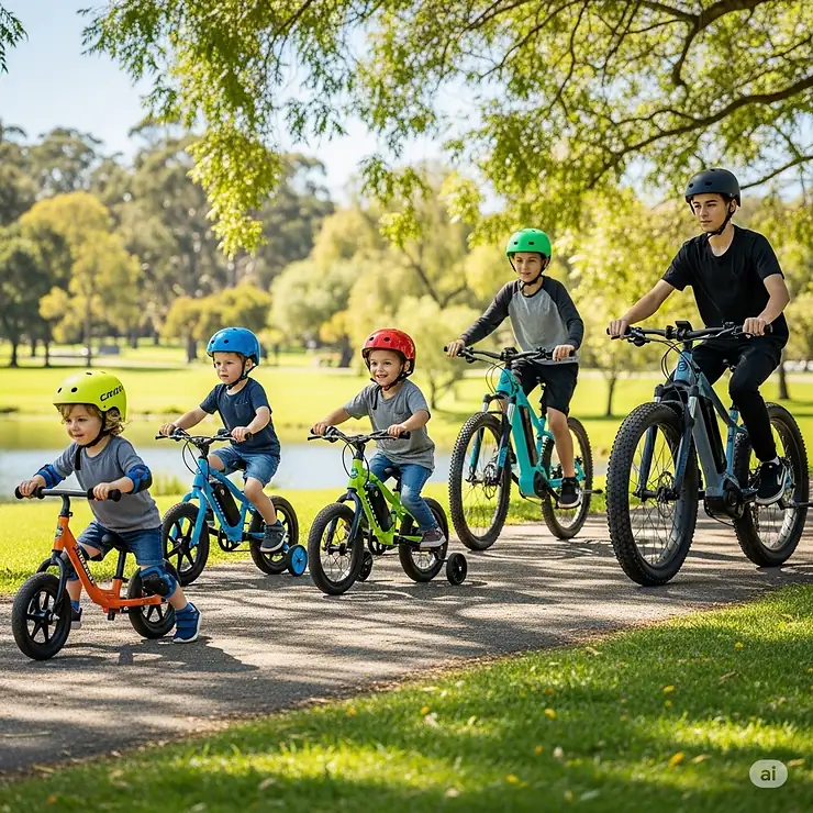 A visual comparison of various e-bike models for kids, showcasing different sizes and designs suitable for various age ranges and skill levels.