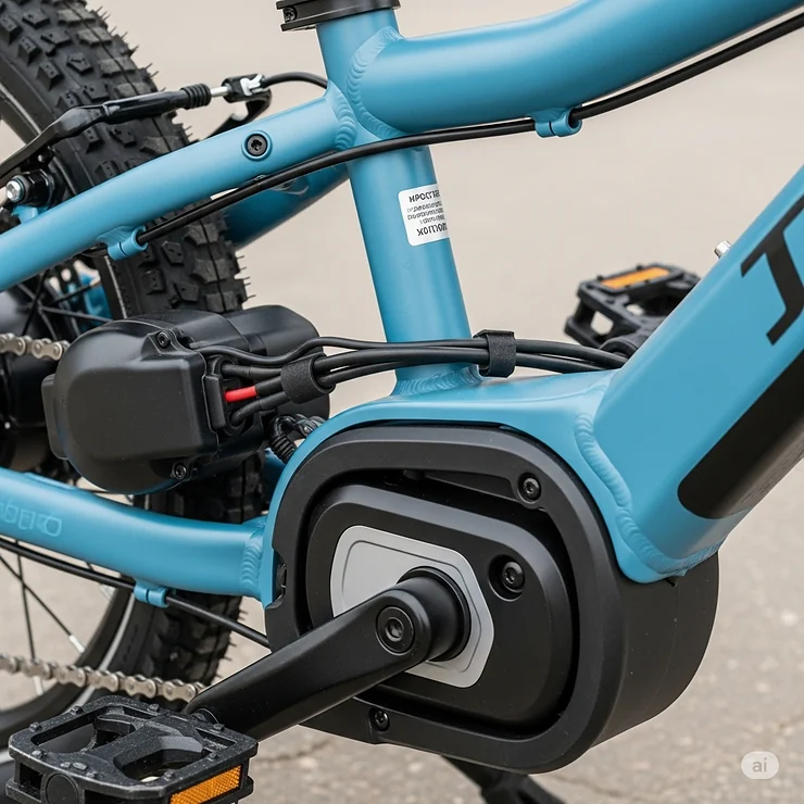 Detailed view of the compact motor and integrated battery system on an e-bike for kids, highlighting its efficient and protected design.