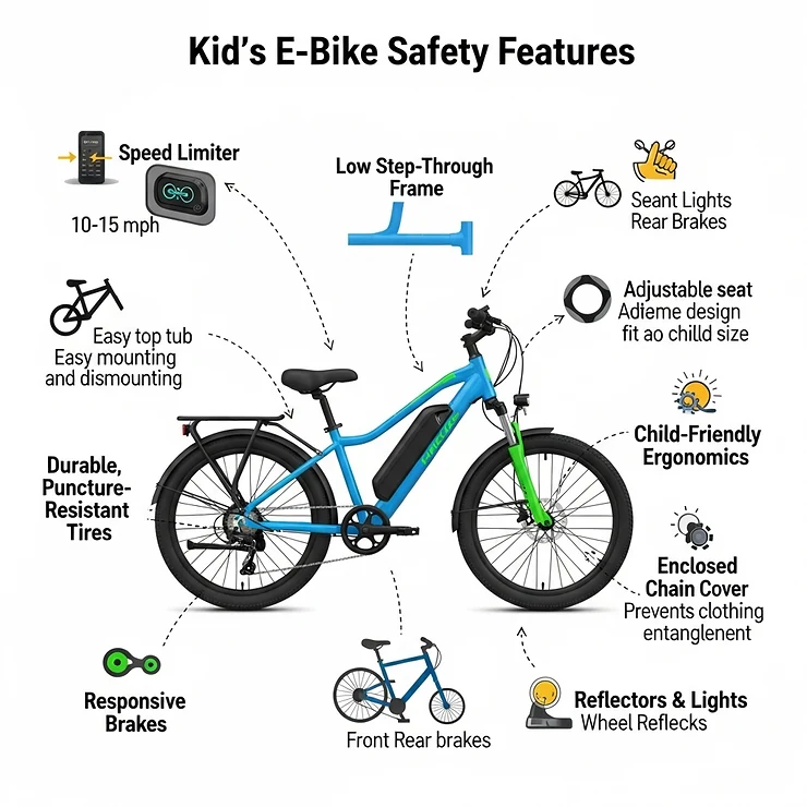 Diagram illustrating key safety features of an e-bike designed for kids, including a speed limiter, easy step-through frame, and reliable braking system.