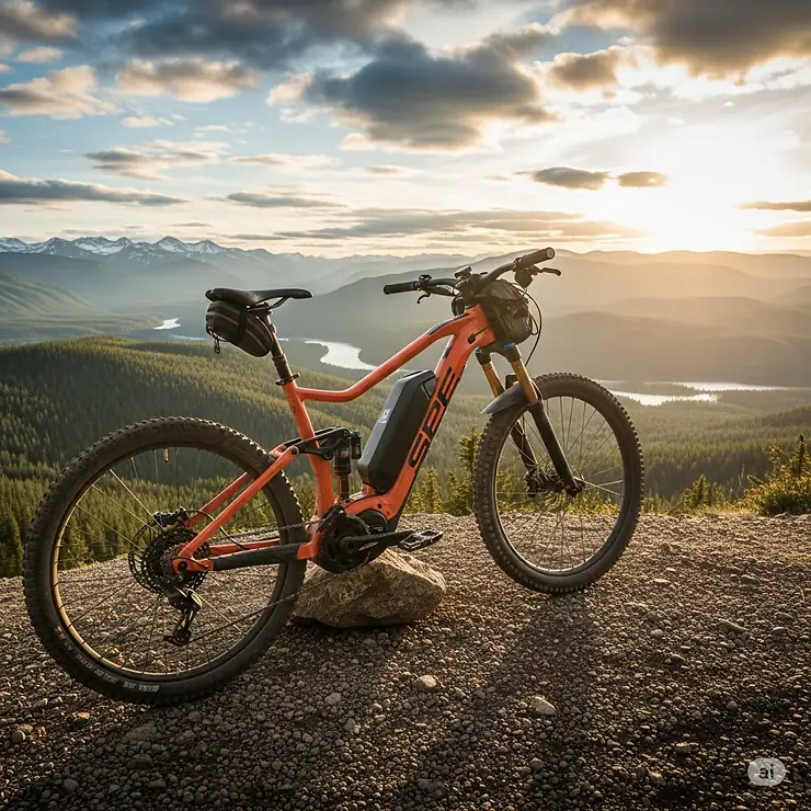 A scenic view of a full suspension electric bike parked overlooking a vast landscape, symbolizing adventure and the ability to explore remote trails with electric assistance.