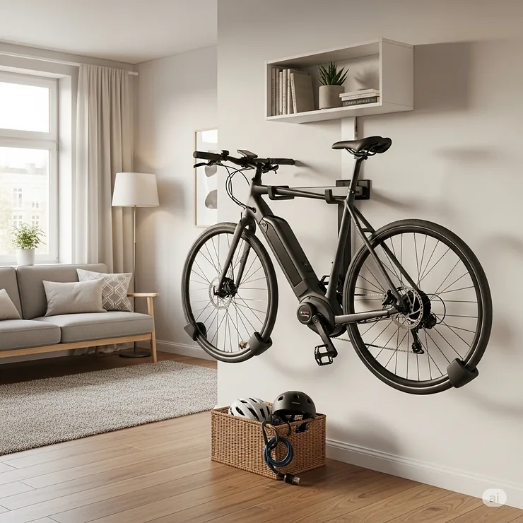 An ebike neatly stored on a compact wall mount in a small apartment living space, illustrating effective ebike wall storage solutions for urban dwellings.
