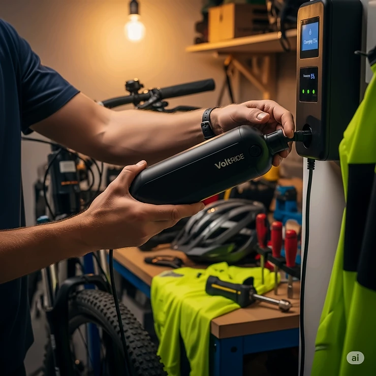 Man charging an ebike battery at home, emphasizing the convenience and ease of maintaining these electric bikes for men.