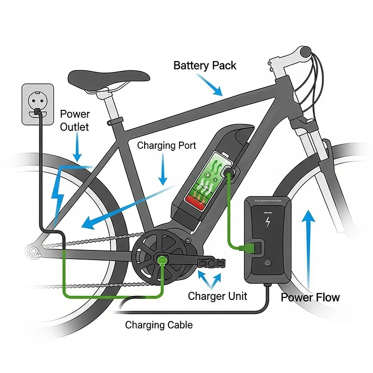Diagram illustrating the process of charging an electric bicycle battery, showing connection points and power flow.