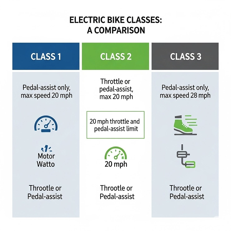 Infographic comparing Class 1, Class 2, and Class 3 electric bikes, emphasizing the 20 mph throttle and pedal-assist limit for Class 2 models.