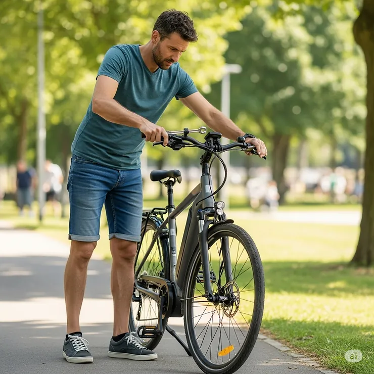 Man adjusting his ebike for optimal comfort, ensuring a personalized and enjoyable riding experience for men.