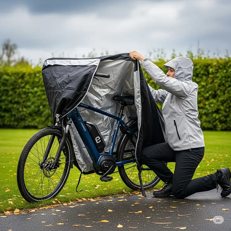 Person installing a waterproof ebike cover over an electric bike for weather protection
