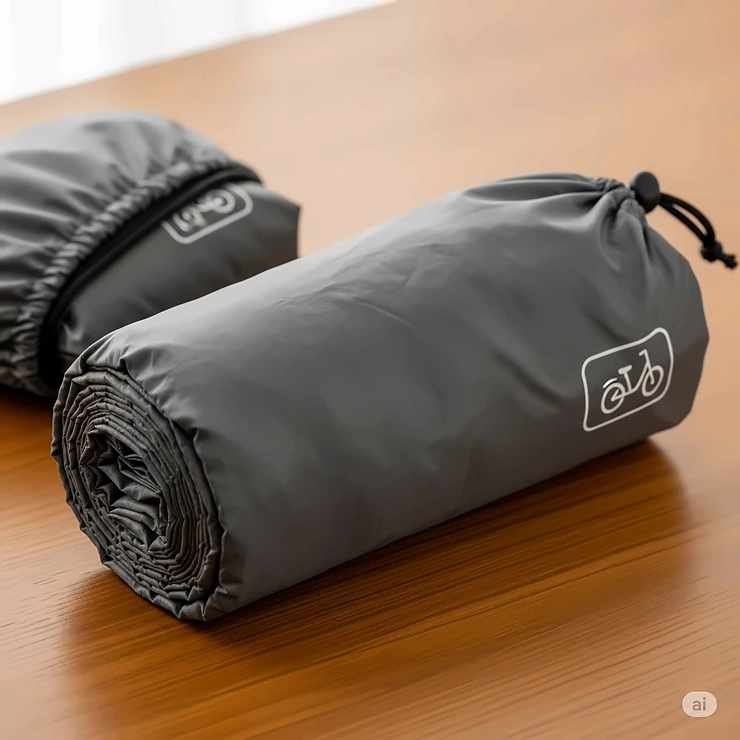 Ebike cover neatly packed into its compact storage bag for convenience