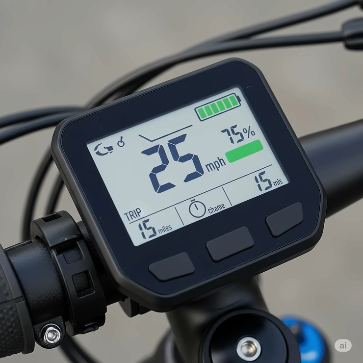 Ebike dashboard displaying speed and battery life, providing essential information to men on their electric bike journeys.