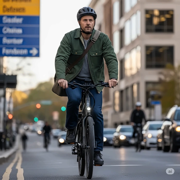 Man in business attire commuting on an ebike, demonstrating how ebikes for men are practical and efficient for daily travel.
