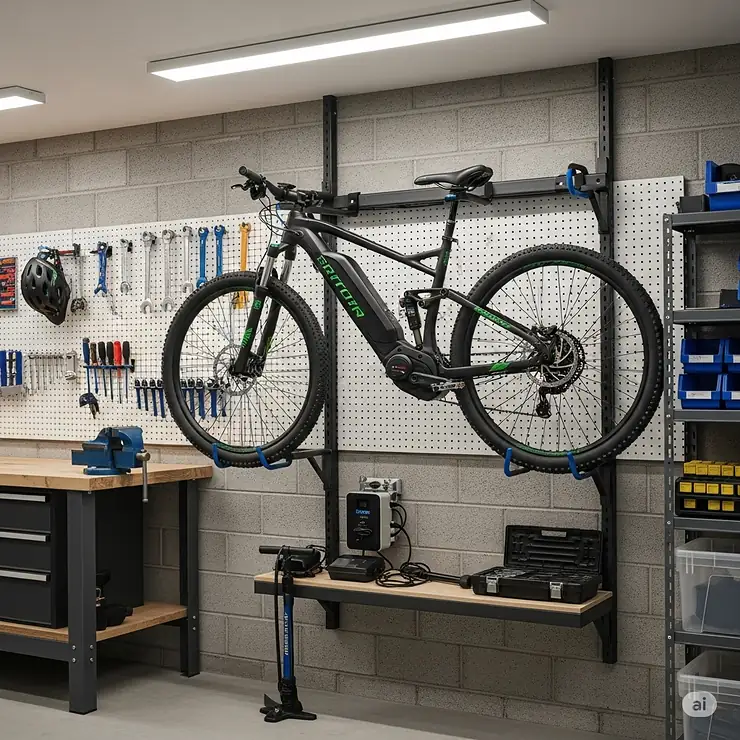 An ebike hung on a robust wall storage system within a garage setting, showcasing practical ebike wall storage ideas for larger spaces and workshops.