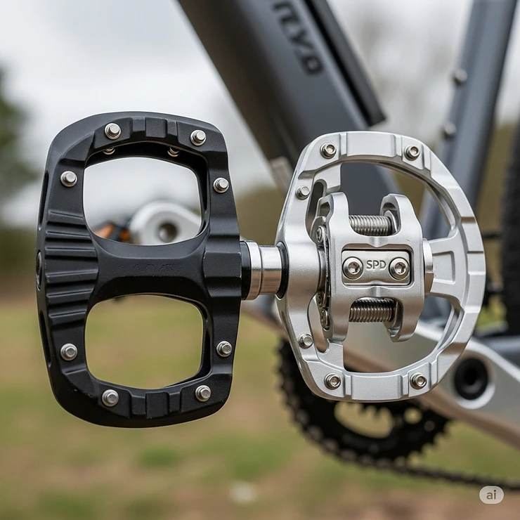 An illustration of a versatile hybrid ebike pedal, showcasing its dual functionality with a flat platform on one side and a clipless mechanism on the other, ideal for diverse ebike riding.