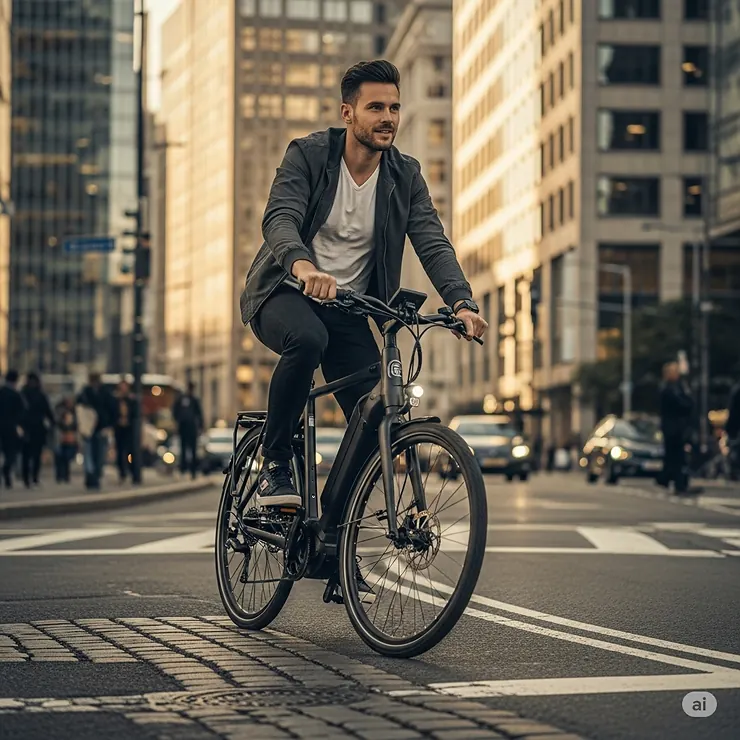 Man riding a modern ebike through the city, enjoying a comfortable and efficient commute. These ebikes for men offer a great way to navigate urban environments. ebike mannen