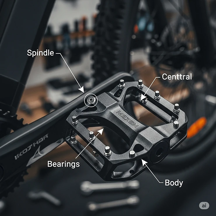 An illustration breaking down the key components of an ebike pedal, including the sealed bearings, strong spindle, and durable pedal body, crucial for smooth operation.