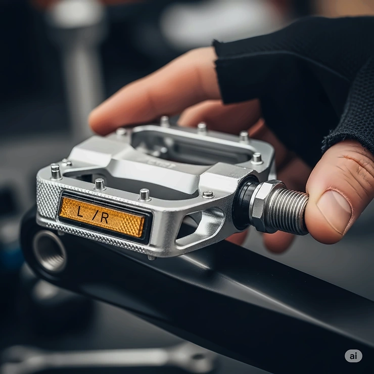 An illustration demonstrating the step-by-step process of correctly installing an ebike pedal onto a crank arm, ensuring a secure fit for electric bicycle use.