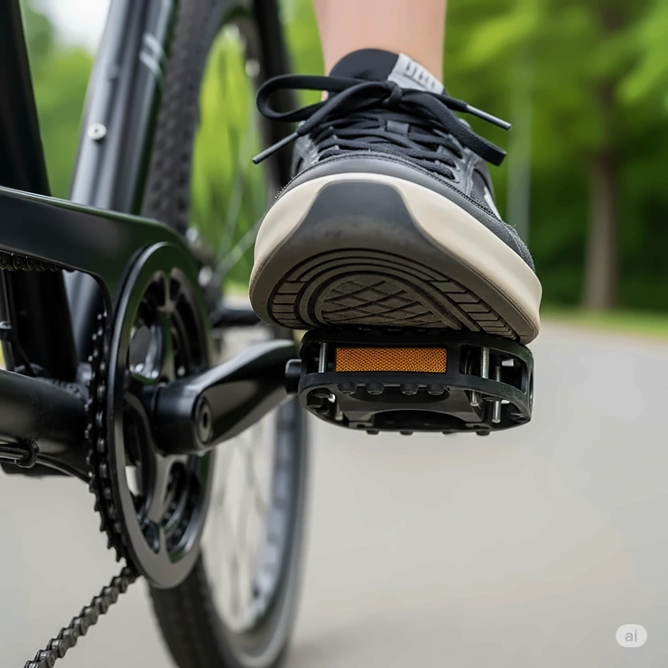 An illustration demonstrating proper foot placement and pedaling technique on ebike pedals, highlighting optimal contact for efficient power transfer and comfort.