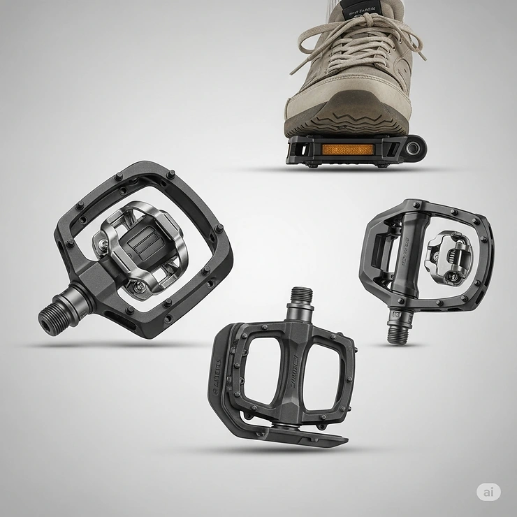 A close-up view of various ebike pedals, showcasing the diversity of designs including durable platform pedals, efficient clipless pedals, and versatile hybrid options, with a rider's foot demonstrating interaction on an ebike.