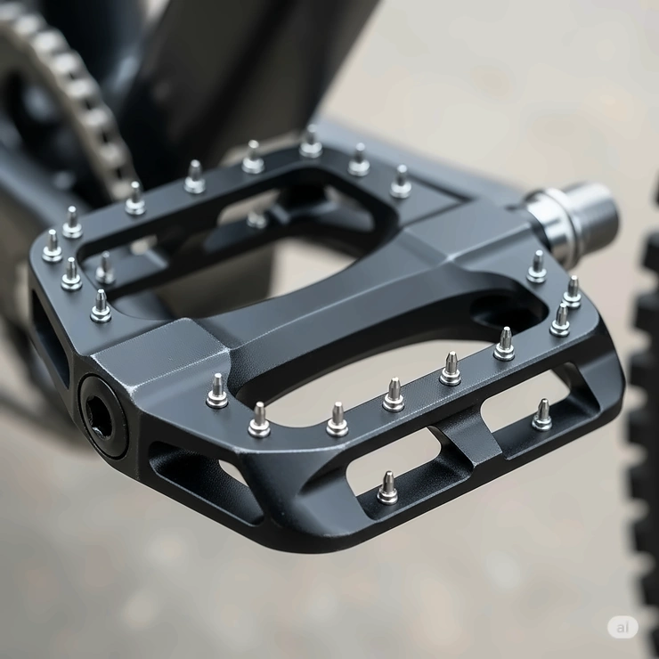 An illustration of a standard platform ebike pedal, emphasizing the non-slip grip pins essential for rider safety and control on electric bikes.