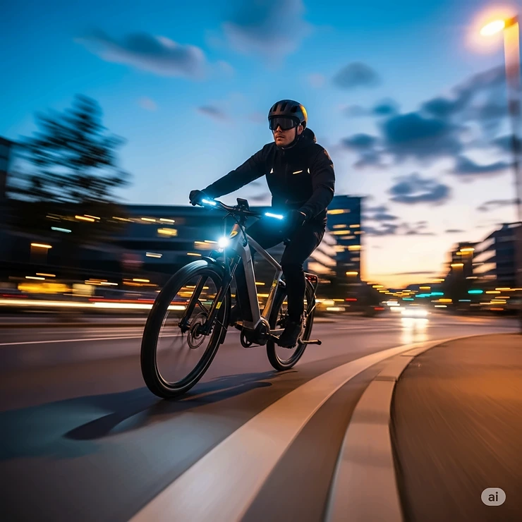 Ebike rider with integrated ebike lights navigating a city street at dusk, highlighting the importance of visibility."