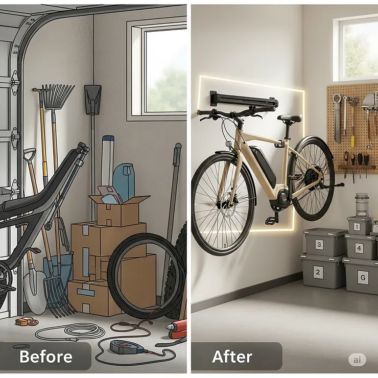 A "before and after" illustration showing a cluttered area transformed into an organized space with an ebike efficiently stored on a wall mount, highlighting the benefits of ebike wall storage.