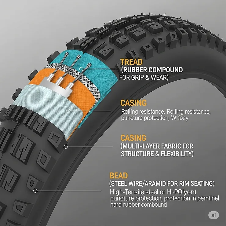 Diagram breaking down the material composition of an electric bike tire, including rubber compounds, casing, and bead, explaining how each contributes to performance and longevity.