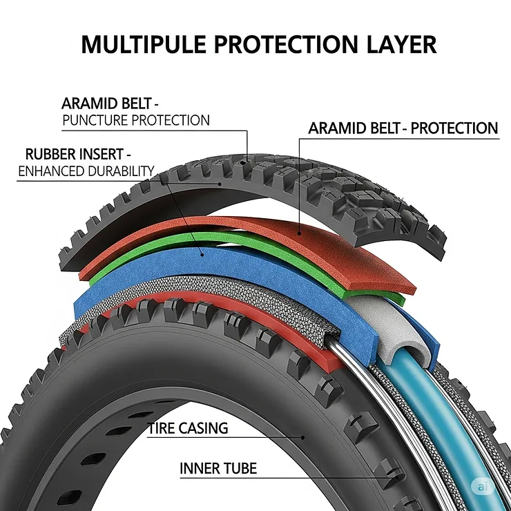 Cross-section diagram illustrating the different puncture protection layers within a high-quality electric bike tire, such as aramid belts or rubber inserts, for enhanced durability.