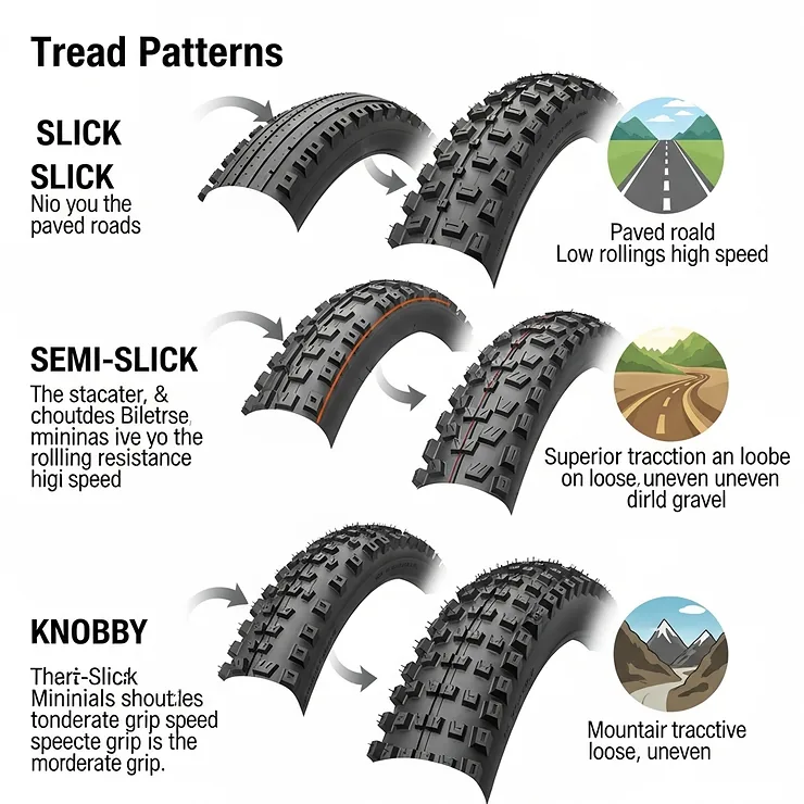 Diagram showing various electric bike tire tread patterns, including slick, semi-slick, and knobby, explaining how each design impacts performance and traction.