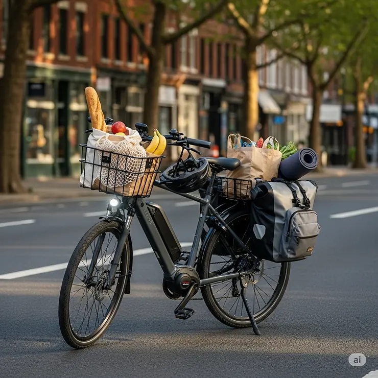 Ebike with cargo capacity, perfect for men running errands or carrying groceries, showcasing the versatility of these electric bikes.