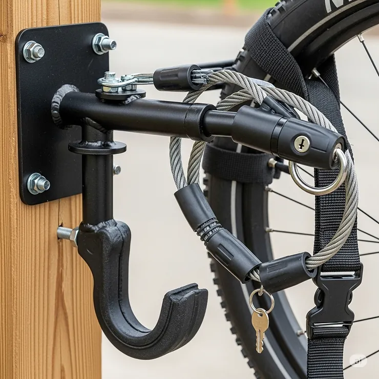 Close-up view of the durable hardware and security mechanisms of an ebike wall storage system, emphasizing safety and stability for heavy ebikes.