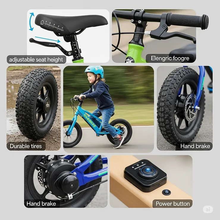 A collage of different features, such as adjustable seat height, durable tires, and a hand brake, found on an electric balance bike.
