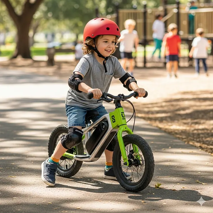 An electric balance bike for a 5-year-old, showcasing its lightweight design and no-pedal feature, perfect for learning to balance.