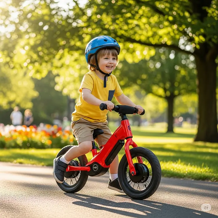 A young child smiling while riding a bright red electric balance bike in a park, demonstrating the bike's fun and ease of use.