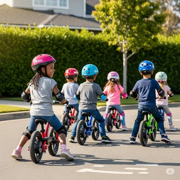 A group of kids on electric balance bikes riding together in a safe, outdoor environment like a backyard or a cul-de-sac.