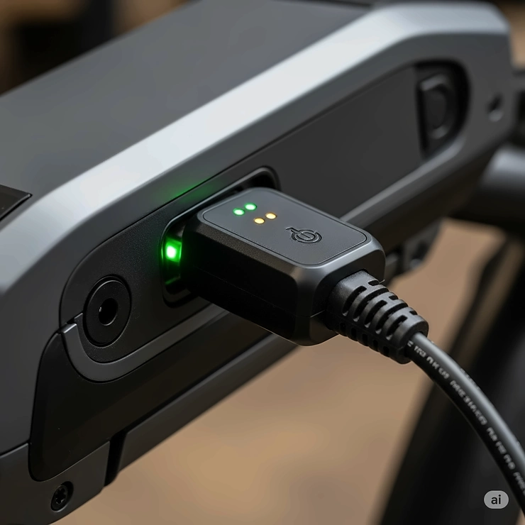 Close-up of a modern electric bicycle charger plugged into a battery pack, highlighting efficient charging technology.