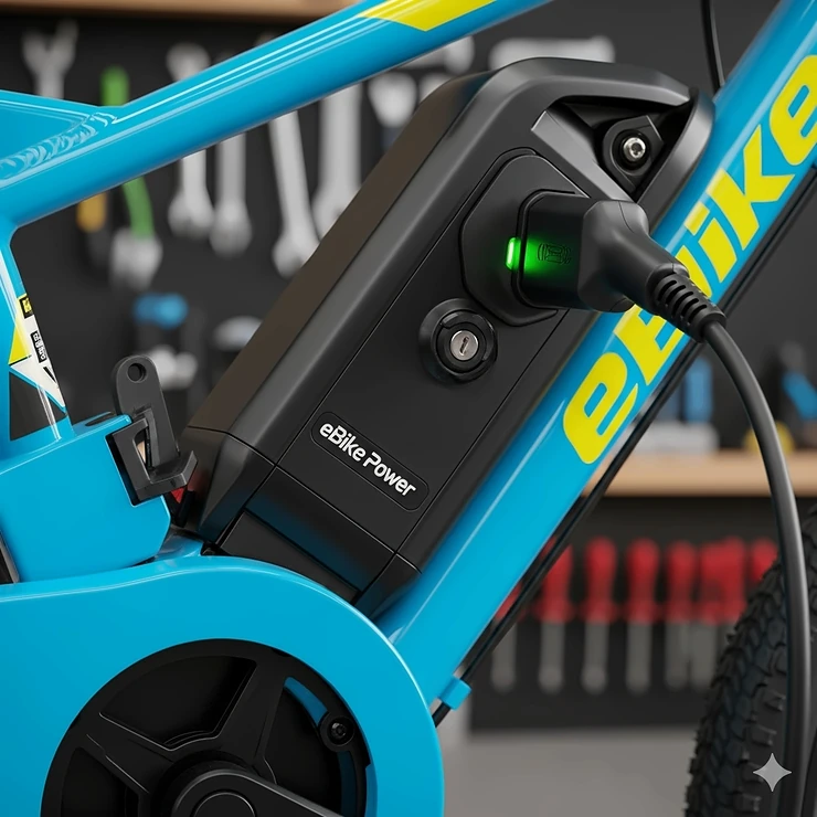 A detailed image of the charging port and battery pack on an electric bike for a 10-12-year-old, showing the charger plugged in.