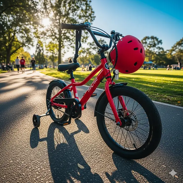 A vibrant red electric bike specifically designed for a 5-year-old child, featuring training wheels and a protective helmet, is shown on a sunny park path.