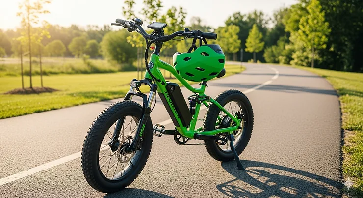 A vibrant green electric bike designed for kids ages 10-12, parked on a paved trail with a helmet resting on the handlebars. The bike has fat tires, front and rear suspension, and a visible digital display.